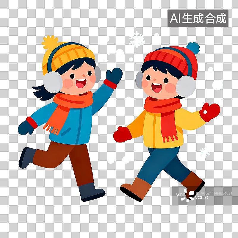 【AI数字艺术】雪中玩耍的两个小孩2D卡通免抠元素图片素材