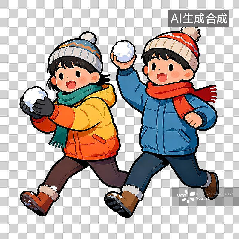 【AI数字艺术】打雪仗的小孩2D卡通免抠元素图片素材