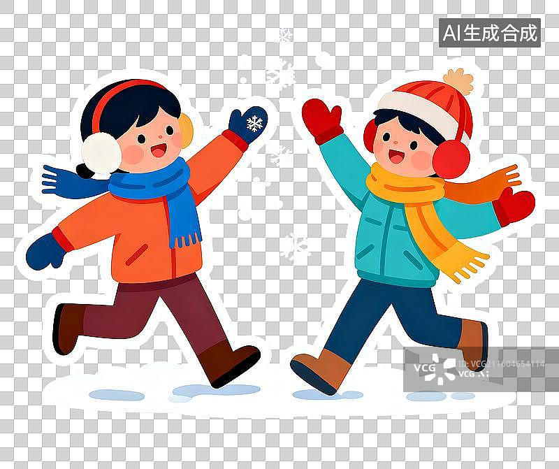【AI数字艺术】打雪仗的小孩2D卡通贴纸免抠元素图片素材