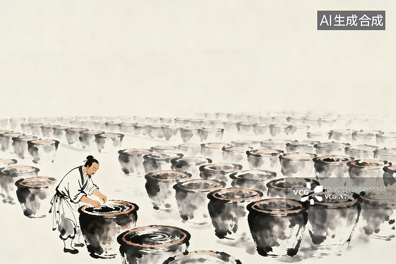 【AI数字艺术】传统水墨风格，一名古代人正在酱缸边准备酿造酱油图片素材