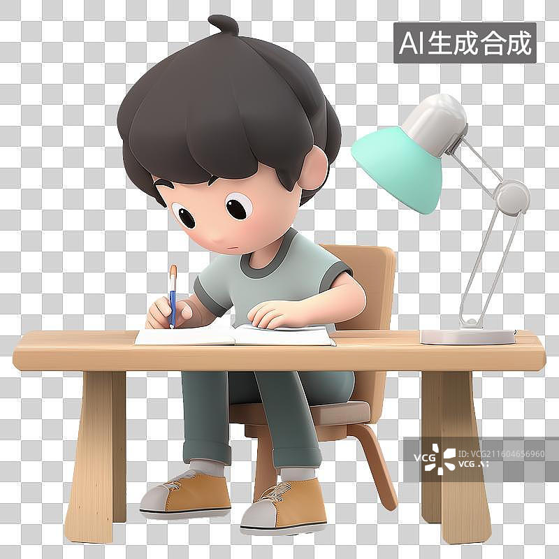 【AI数字艺术】教育主题3D拟物风格学生在书桌上做作业元素图片素材