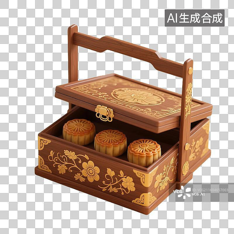 【AI数字艺术】3D渲染，卡通月饼，木制食盒里的月饼，中秋节免抠元素图片素材