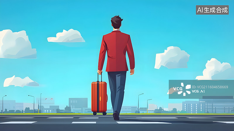 【AI数字艺术】扁平化风拖着行李箱行走的商务人士图片素材