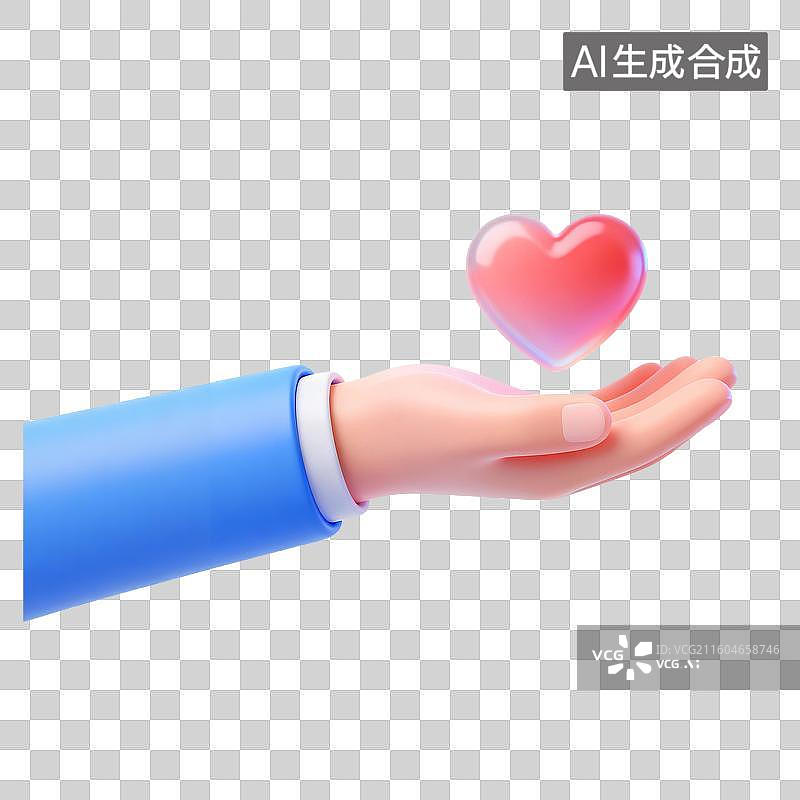 【AI数字艺术】3D轻拟物医疗健康元素单手托红心图片素材