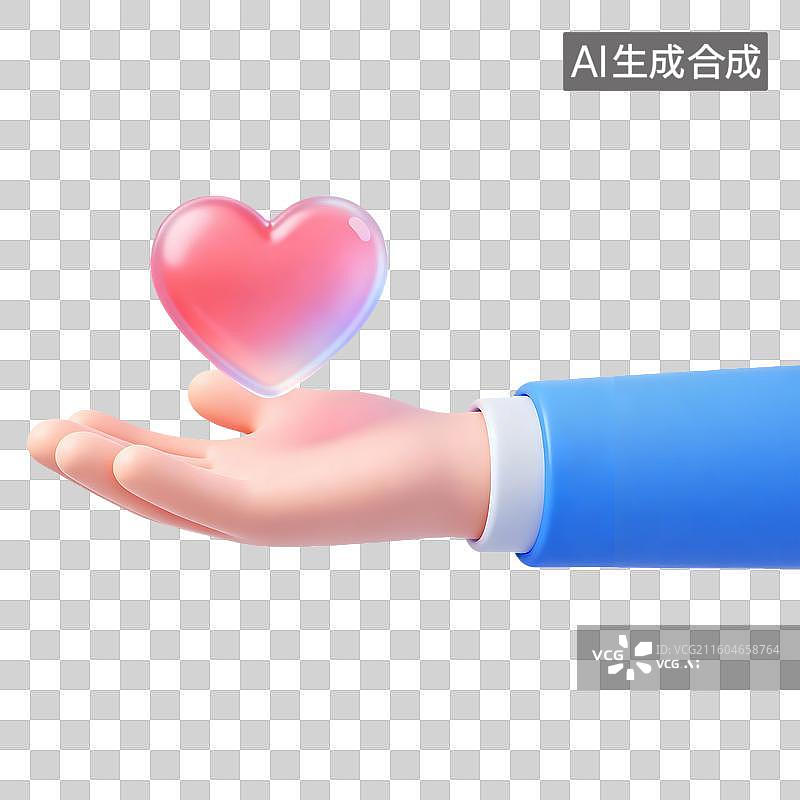 【AI数字艺术】3D轻拟物医疗健康元素单手托红心图片素材