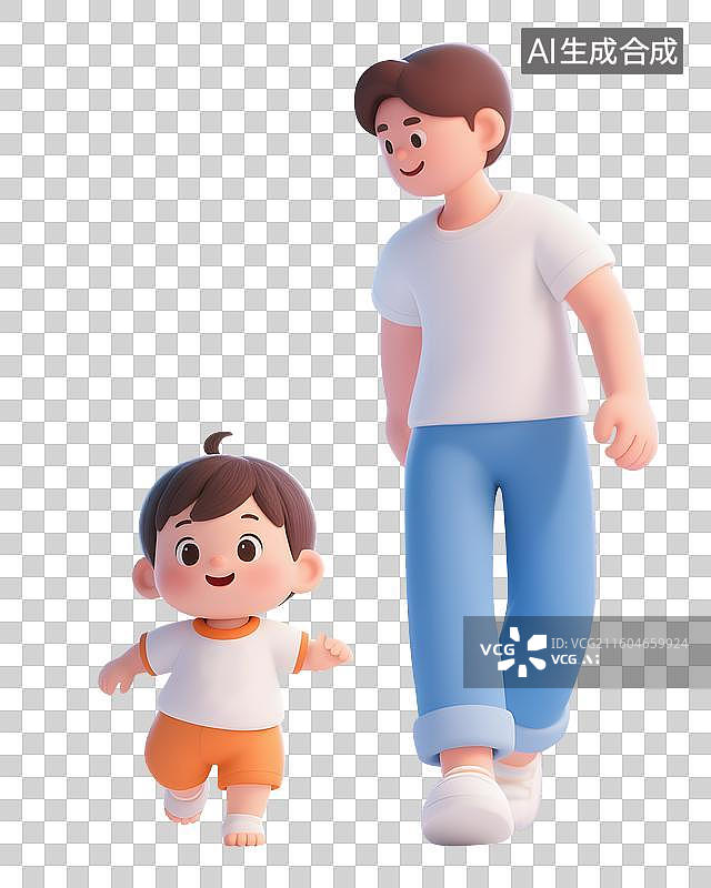 【AI数字艺术】3D立体插画爸爸陪孩子学走路学龄前亲子母婴免抠素材图片素材