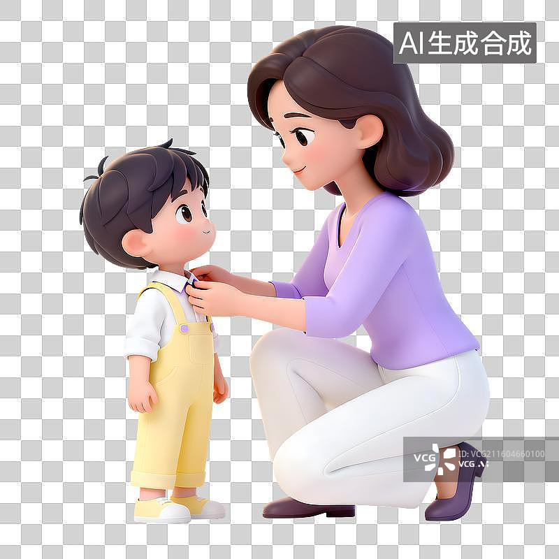 【AI数字艺术】3D立体插画妈妈给孩子整理衣领学龄前亲子母婴免抠素材图片素材