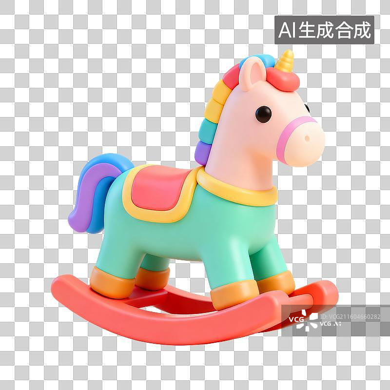 【AI数字艺术】3D渲染，可爱的彩色卡通木马，摇摇马，婴儿安抚玩具，新生儿，母婴，马，马年，十二生肖，小马，免抠元素图片素材