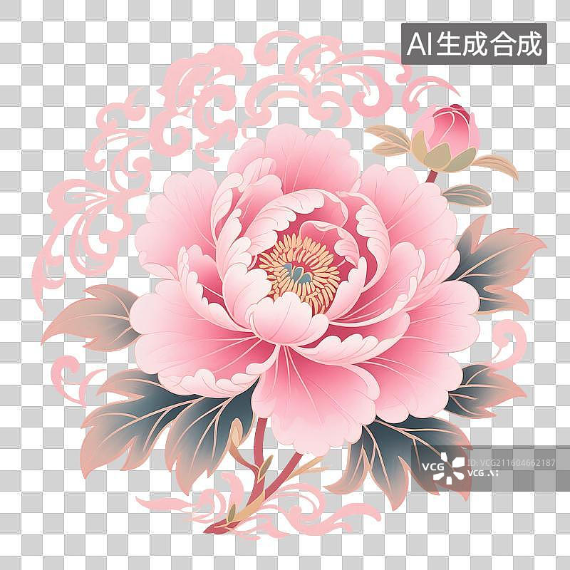【AI数字艺术】中国风手绘插画，粉色中国风牡丹花纹，团花纹，图案，牡丹，，免抠元素图片素材