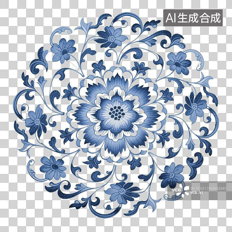 【AI数字艺术】中国风传统青花瓷图案，缠枝莲牡丹纹，宝相花，纹样，国风免抠元素图片素材