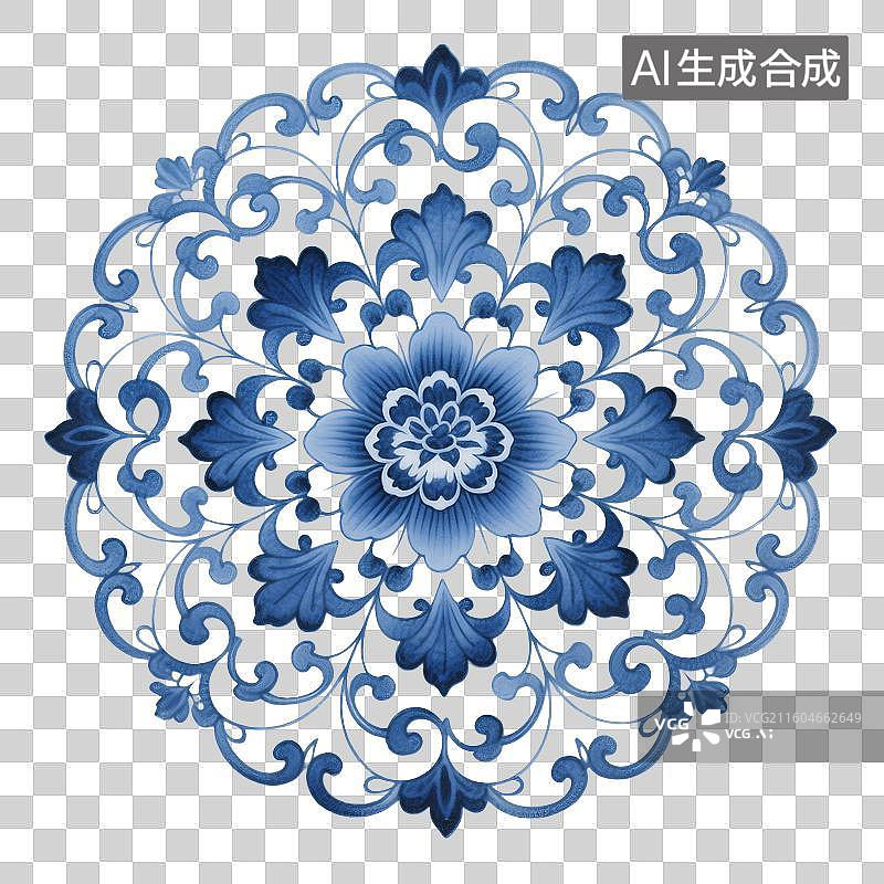 【AI数字艺术】中国风传统青花瓷图案，缠枝莲牡丹纹，宝相花，纹样，国风免抠元素图片素材