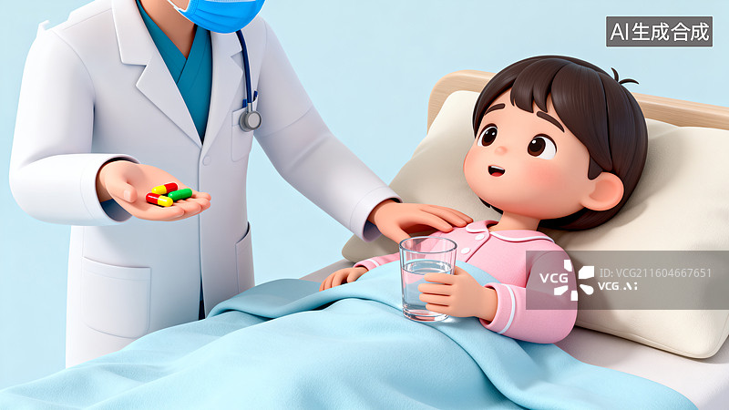 【AI数字艺术】儿童生病看病插画图片素材