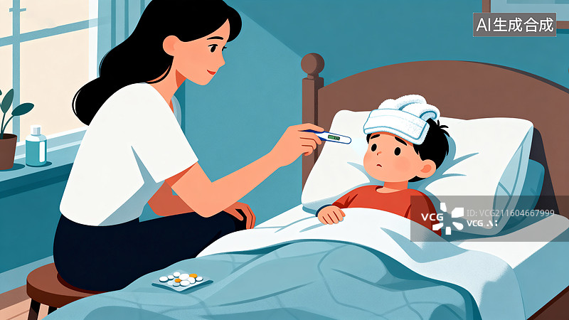 【AI数字艺术】儿童生病看病插画图片素材