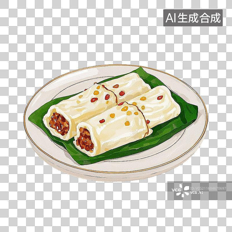 【AI数字艺术】中国风手绘插画，广式早茶茶点，肠粉，卷筒粉，早餐，早茶，美食食品，免抠元素图片素材