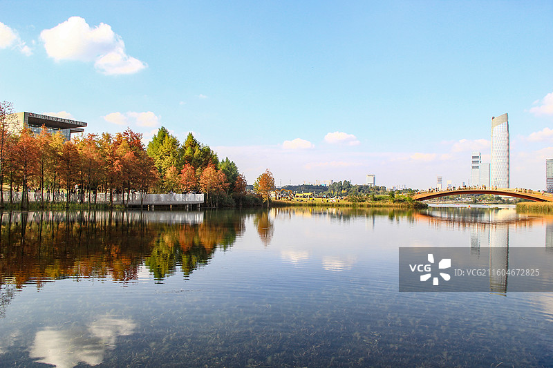四川天府新区成都兴隆湖科创生态岛秋日风光图片素材