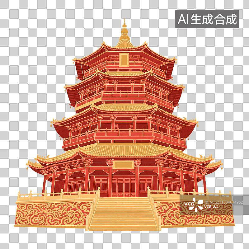 【AI数字艺术】国潮风手绘插画，中国古代楼阁，宝塔，中式古代建筑，亭台楼阁，园林景观，免抠元素图片素材
