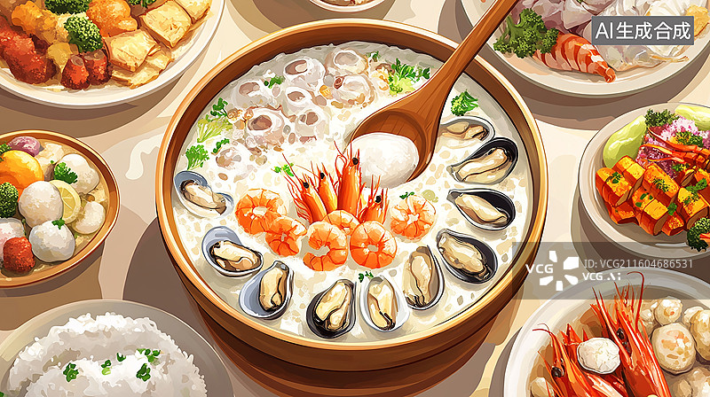 【AI数字艺术】鲜虾贝类砂锅粥图片素材