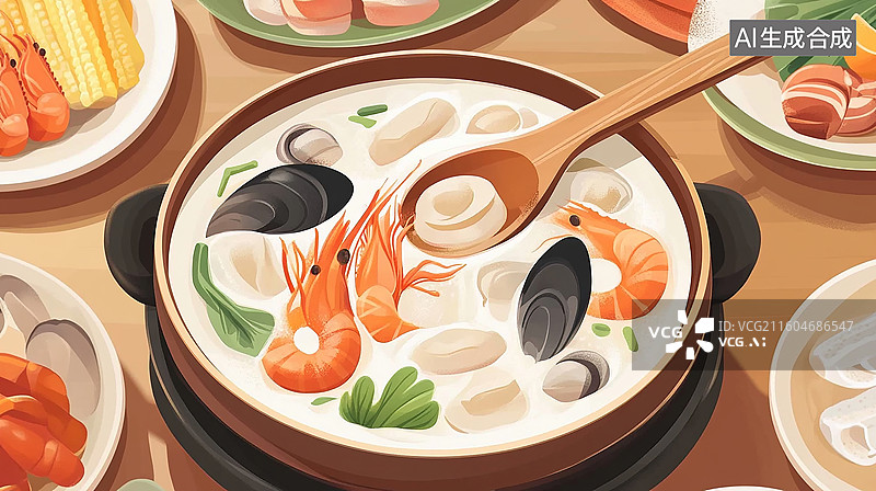 【AI数字艺术】鲜虾贝类砂锅粥图片素材
