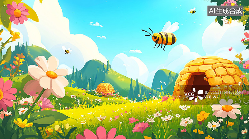 【AI数字艺术】春日花海与蜜蜂图片素材