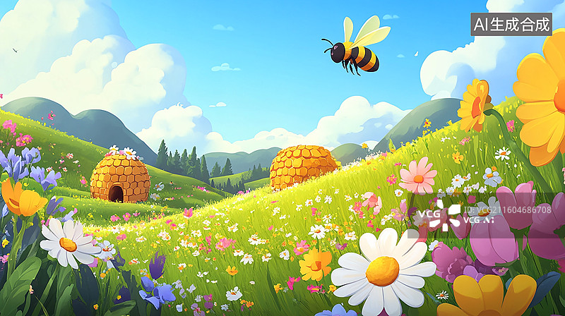 【AI数字艺术】春日花海与蜜蜂图片素材