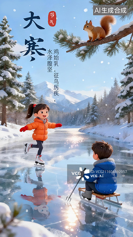 【AI数字艺术】大寒节气男孩女孩冰天雪地滑冰运动海报插画图片素材