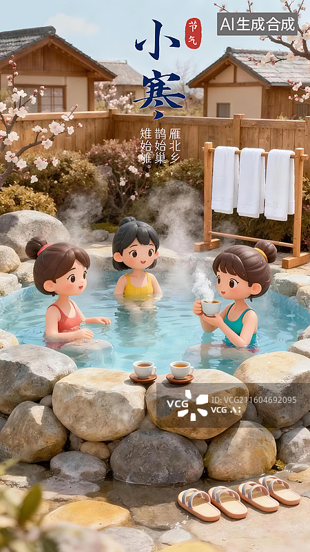 【AI数字艺术】小寒节气女孩子们度假泡温泉驱寒3D海报插画图片素材
