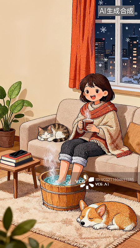 【AI数字艺术】小雪节气女生在家泡热茶泡脚取暖养生插画图片素材