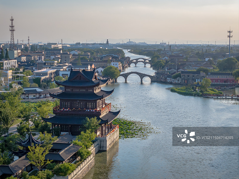 浙江省湖州市南浔双林三桥古桥与文昌阁古建筑图片素材