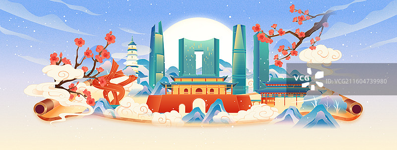 国风冬天东莞城市建筑画卷矢量插画图片素材