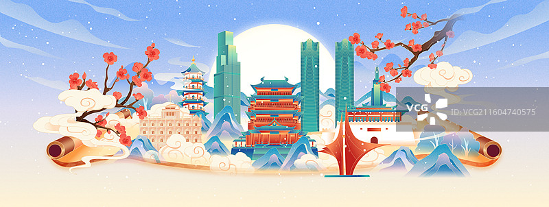国风冬天南昌城市建筑画卷矢量插画图片素材