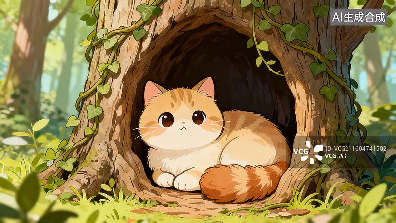 【AI数字艺术】树洞中的猫咪图片素材