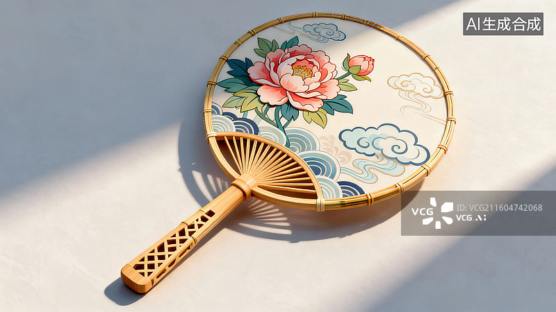 【AI数字艺术】竹制团扇花卉图案图片素材