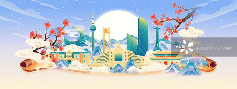 国风冬天长春城市建筑画卷矢量插画图片素材