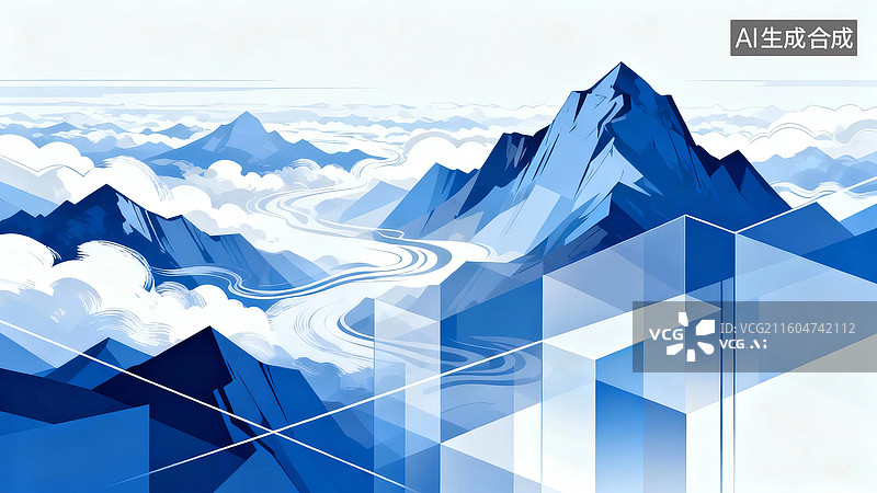 【AI数字艺术】雪山云海与几何晶体图片素材