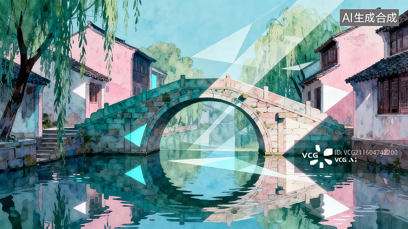 【AI数字艺术】江南水乡石桥倒影图片素材