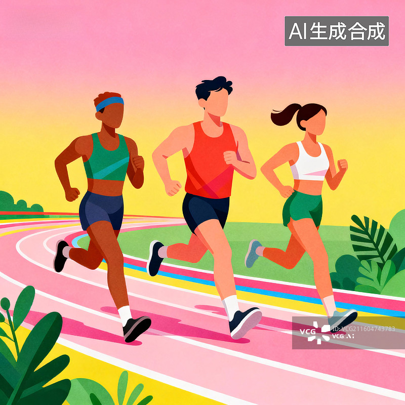 【AI数字艺术】彩色跑道上的奔跑的人们图片素材