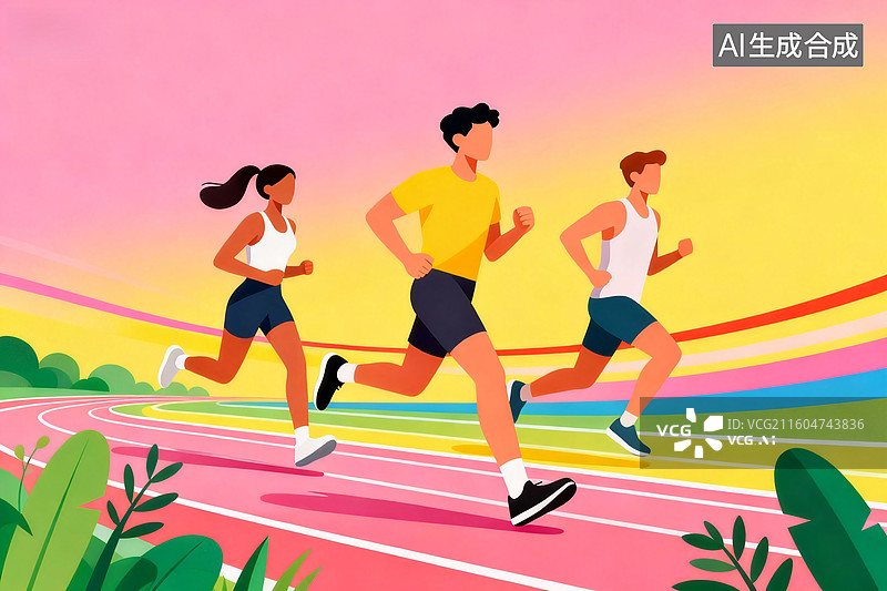 【AI数字艺术】彩色跑道上的奔跑的人们图片素材