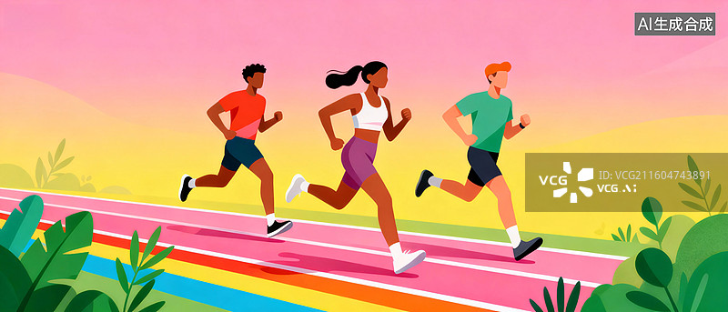 【AI数字艺术】彩色跑道上的奔跑的人们图片素材