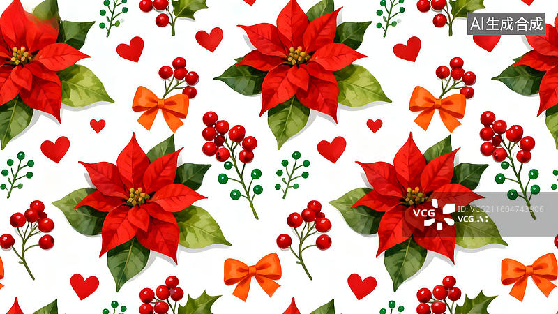 【AI数字艺术】红色一品红与圣诞装饰图案图片素材