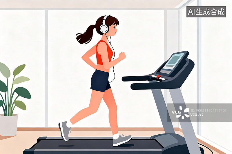【AI数字艺术】戴耳机在跑步机上跑步的女孩图片素材