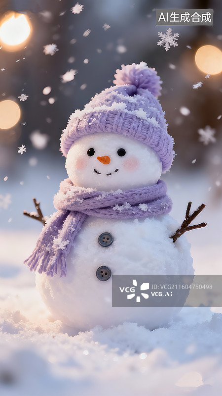 【AI数字艺术】一个可爱的小雪人，戴着浅紫色的帽子和围巾，身上有纽扣，有轻柔的雪花飘落，冬日仙境般的氛围图片素材