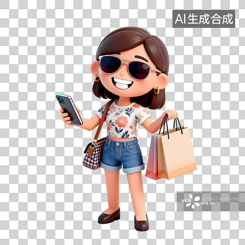 【AI数字艺术】手持购物袋和手机的快乐女性图片素材