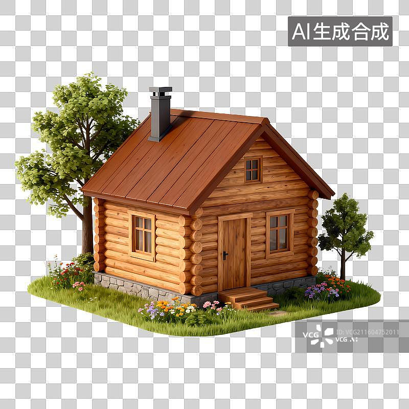 【AI数字艺术】绿树环绕的温馨木屋图片素材