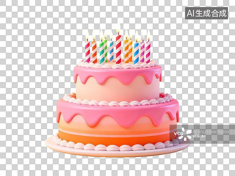 【AI数字艺术】3D 生日主题双层蛋糕彩色蜡烛免抠设计素材图片素材