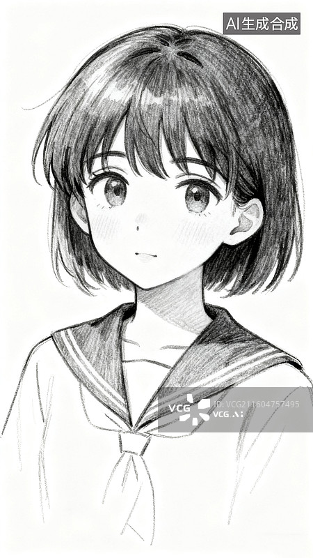 【AI数字艺术】素描动漫美少女图片素材