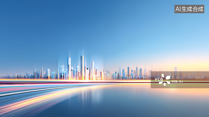 【AI数字艺术】城市天际线发光道路和多彩城市生活概念图片素材