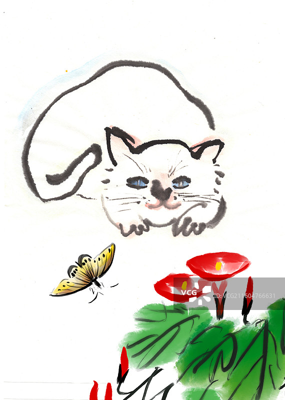 中国风 手绘 水墨 插画 宠物 猫图片素材