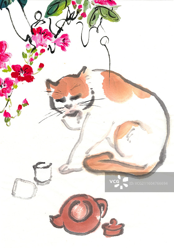 中国风 手绘 水墨 插画 宠物 猫图片素材
