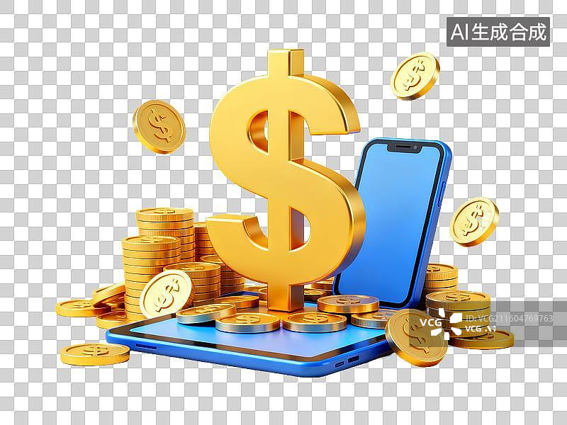 【AI数字艺术】3D 金融理财美元符号智能手机硬币免抠设计素材图片素材