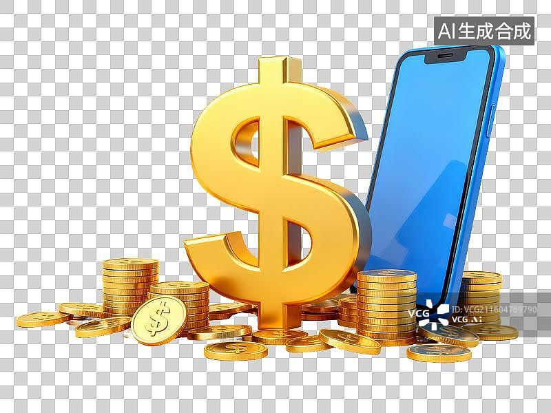 【AI数字艺术】3D 金融理财美元符号智能手机硬币免抠设计素材图片素材